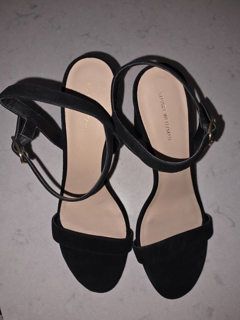 NEW Stuart Weitzman Black Leather Dancer Block Heel Sandal Sz 9.5